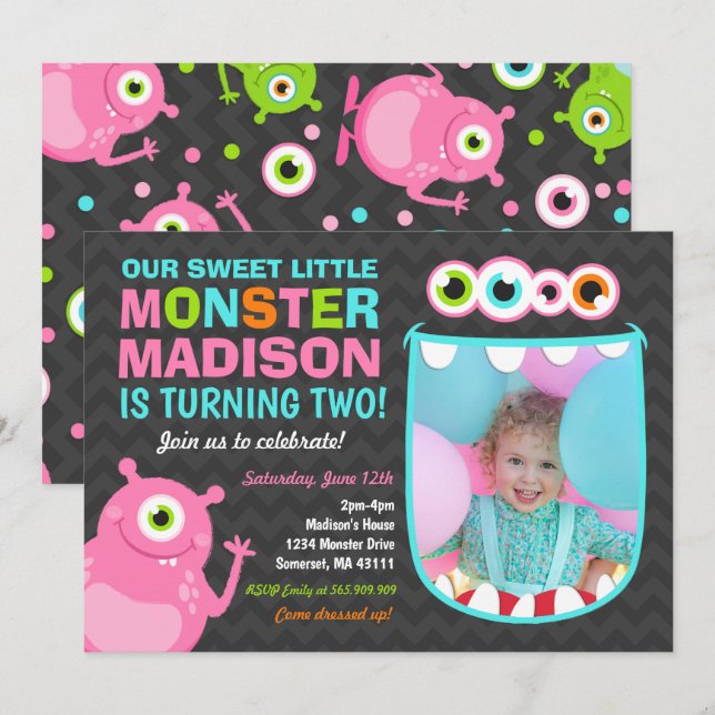Monster Birthday Invitation Pink Monster Party (Front/Back)