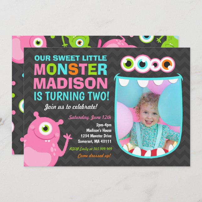 Monster Birthday Invitation Pink Monster Party (Front/Back)