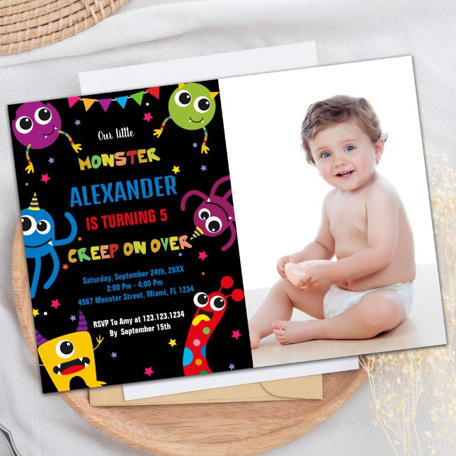 Monster Birthday Invitations Colours Black w photo (Monster Birthday Invitations Colours Black w photo)