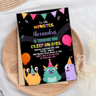 Monster Birthday Invitations Pink Ballon Black