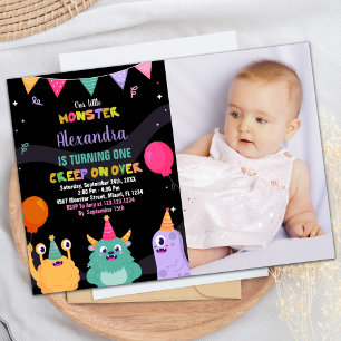 Monster Birthday Invitations Pink Ballon w Photo
