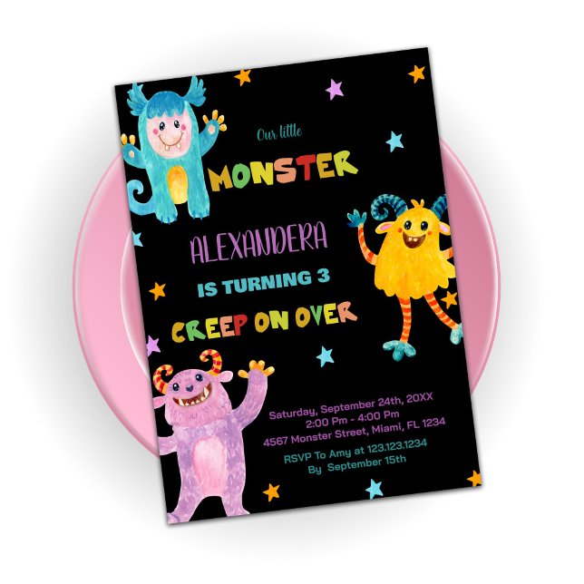 Monster Birthday Invitations pink purple Black (Monster Birthday Invitations pink purple Black)