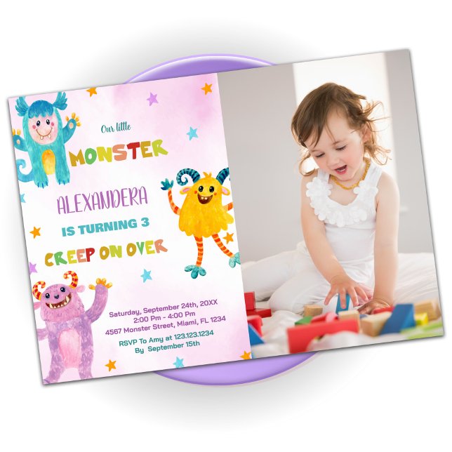 Monster Birthday Invitations pink purple w Photo (Monster Birthday Invitations pink purple w Photo)