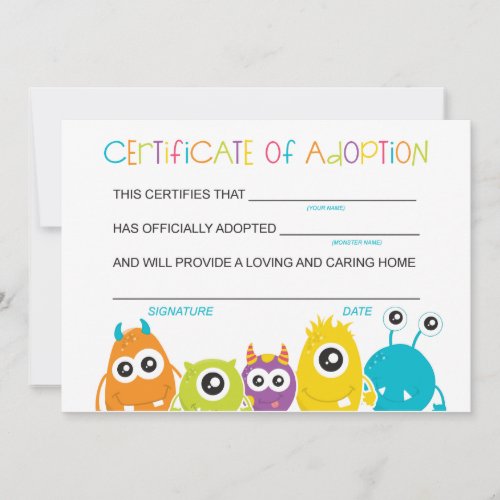 Monster Birthday Party Adopt a Monster Adoption Thank You Card