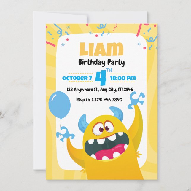 Monster Birthday Party Invitation for kids (Front)