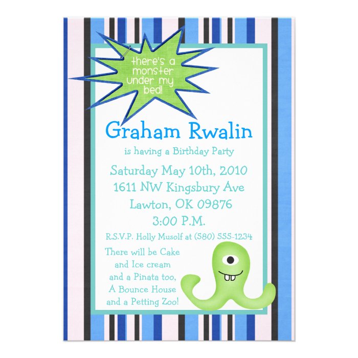 monster birthday party invite cute fun blue sweet