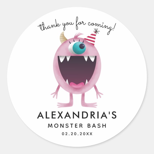 Monster Birthday Party Pink Favor Classic Round Sticker (Front)