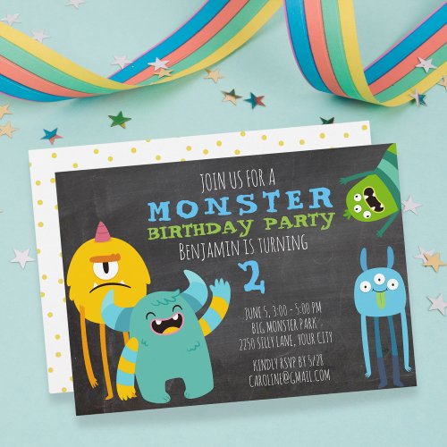 Monster Birthday Party Theme Chalkboard Invitation