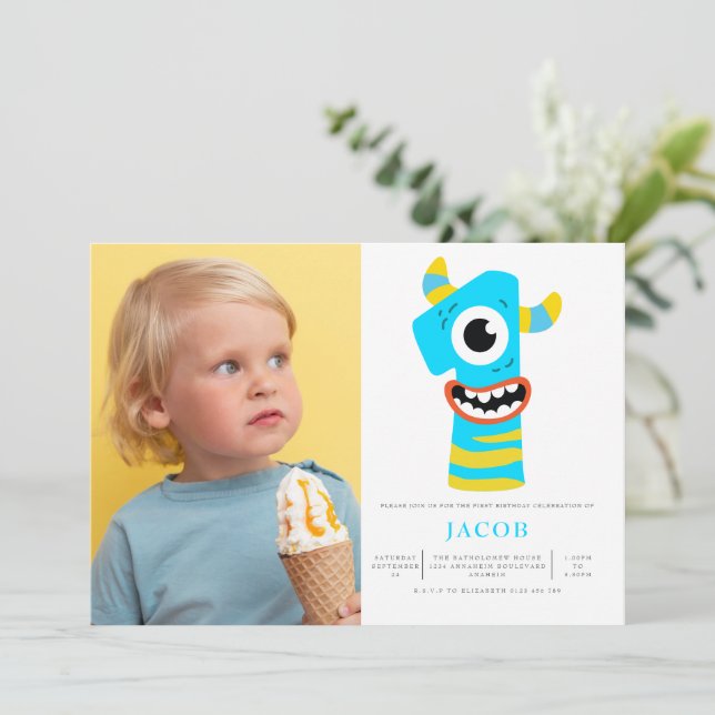 Monster Boys 1st Birthday Party Photo Invitation (Standing Front)