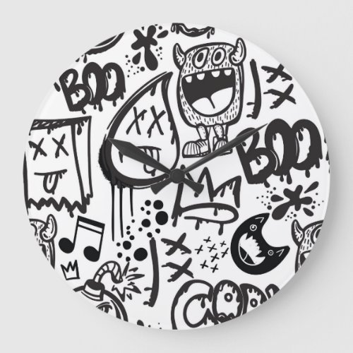 Monster Boys Hand Drawn Pattern Large Clock