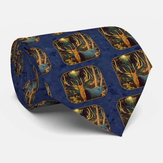 Monster Bull Elk Head Navy Blue Neck Tie (Rolled)