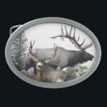 Monster bull trophy buck belt buckle<br><div class="desc">Bull elk and trophy buck deer. Wildlife animals in the forest.</div>