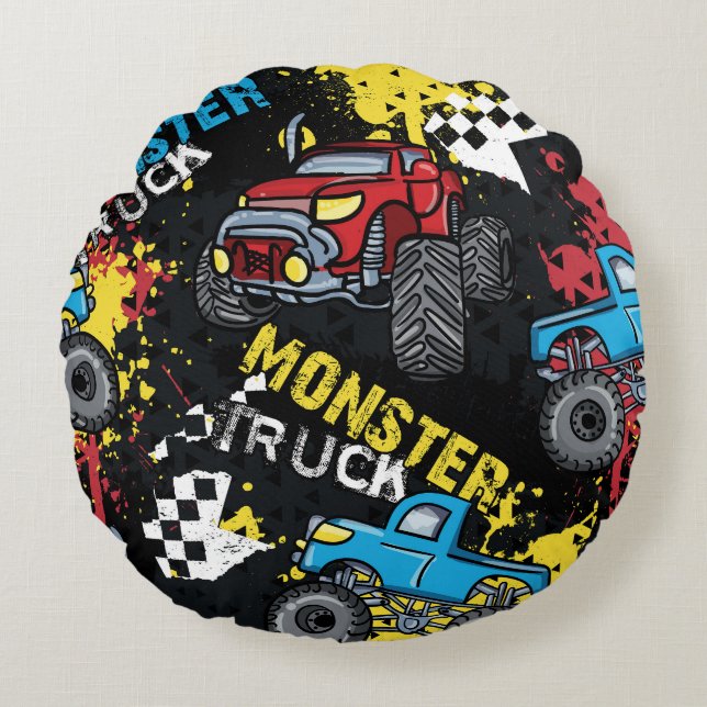 Monster Car: Abstract Childish Pattern Round Pillow (Front)
