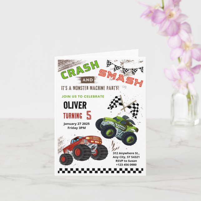 Monster Car Truck Kids Birthday Folded Card (Orchid)