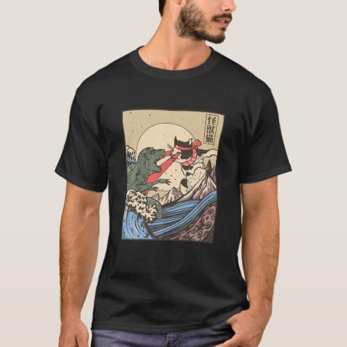 Monster Cat And Dinosaur Fight Japanese Style T_Shirt