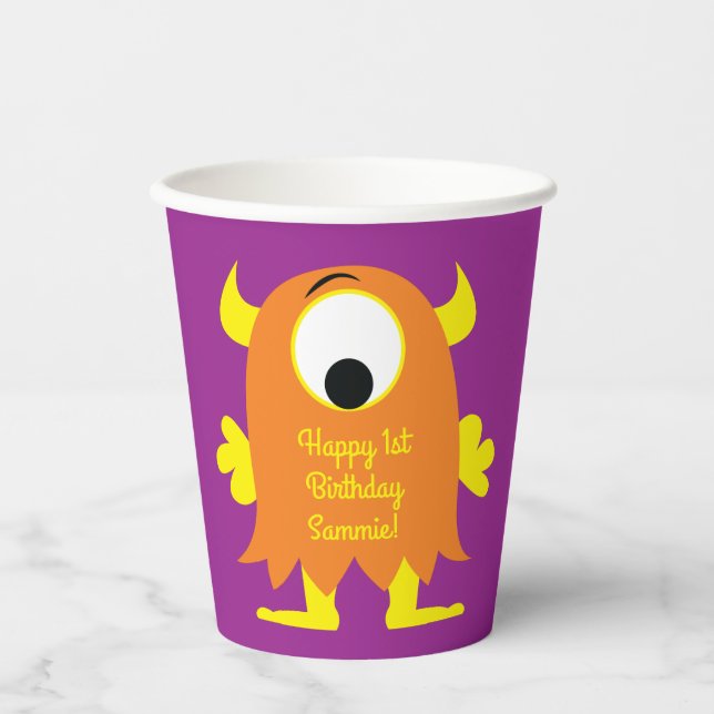 Monster Cute Funny 1st Birthday Party Theme Banner Paper Cups (Front)