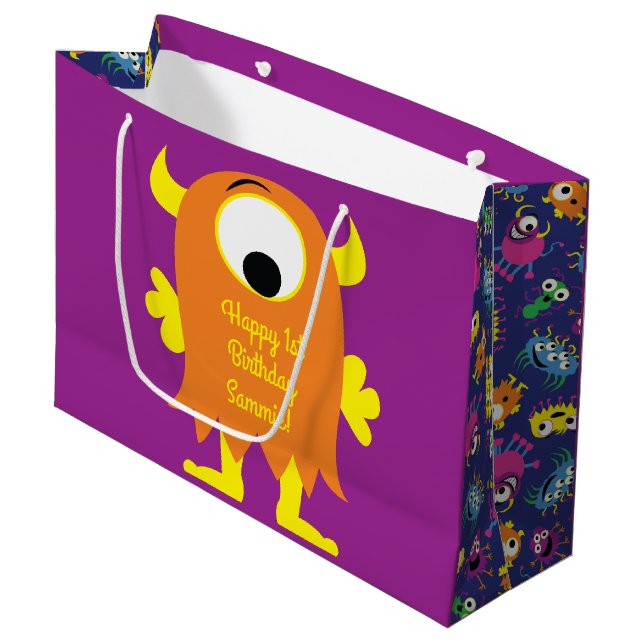 Monster Cute Funny 1st Birthday Party Theme Large Gift Bag (Front Angled)