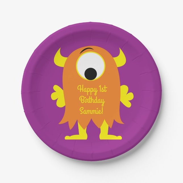 Monster Cute Kids Birthday Party Theme Paper Plates (Front)