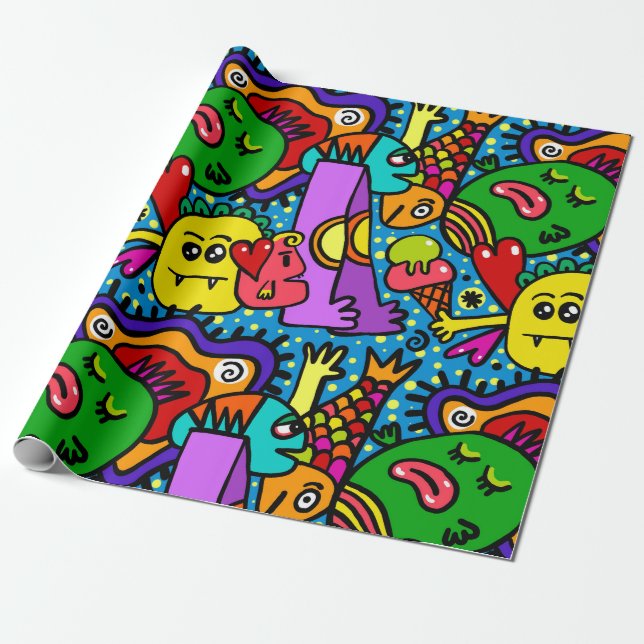 Monster Doodle Pattern Wrapping Paper (Unrolled)