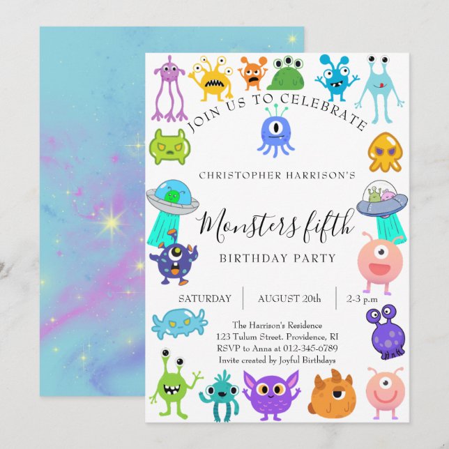 Monster Fifth Birthday Party Invitation (Front/Back)