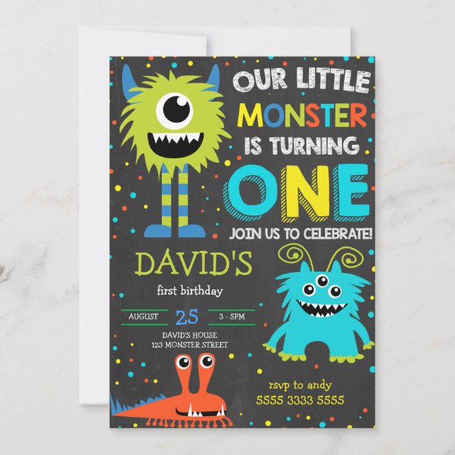 Monster First Birthday Boy Little Monster Chalk Invitation (Front)