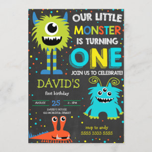 Monster First Birthday Boy Little Monster Chalk Invitation