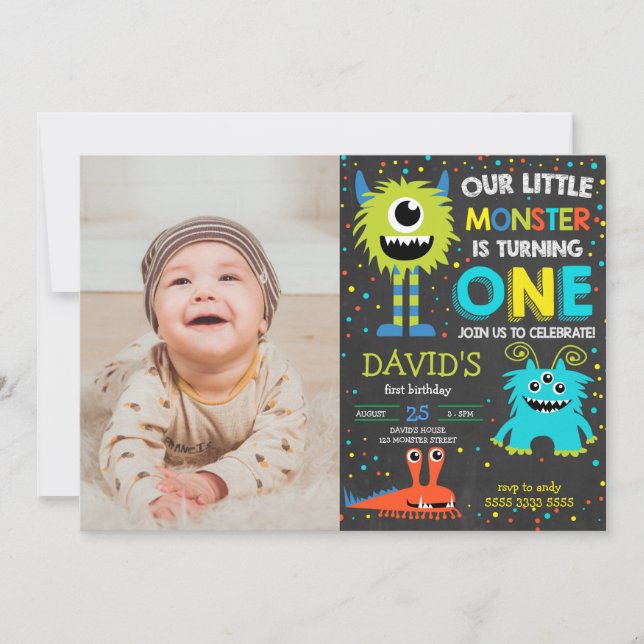 Monster First Birthday Boy Little Monster Photo Invitation (Front)