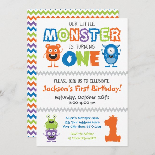 Monster First Birthday Invitation (Front/Back)