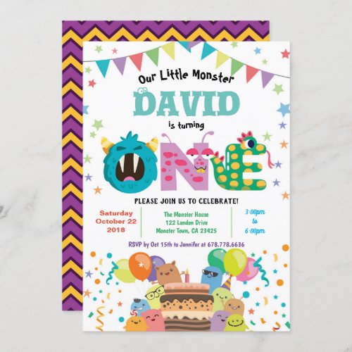 Monster first birthday party Baby boy 1st bday Invitation