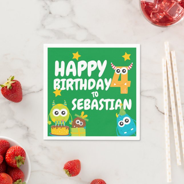 Monster Fun Four Year Old Birthday Personalized Napkins (Insitu)
