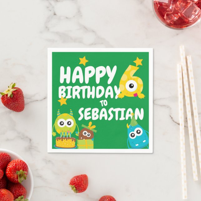 Monster Fun Six Year Old Birthday Personalized Napkins (Insitu)