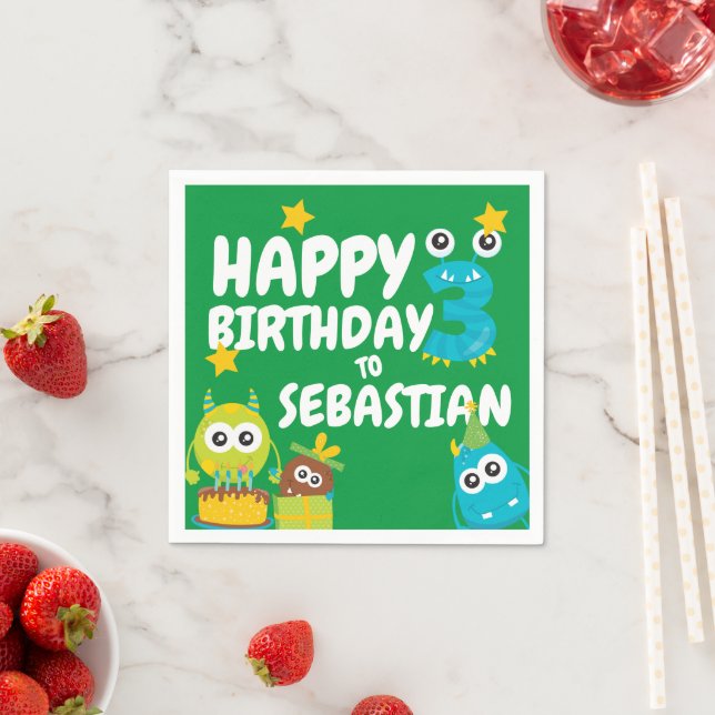 Monster Fun Three Year Old Birthday Personalized Napkins (Insitu)