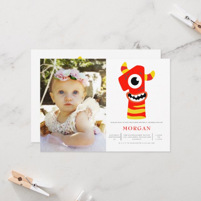 Monster Gender Neutral 1st Birthday Party Photo Invitation (Front/Back In Situ)