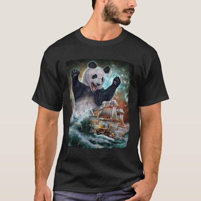 Monster Giant Panda As Kraken Attack A War Ship At T-Shirt (Front)