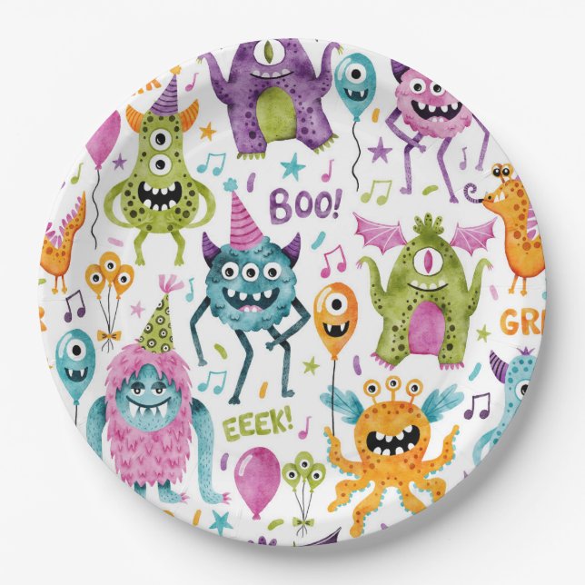 Monster Halloween Birthday Party Paper Plates (Front)