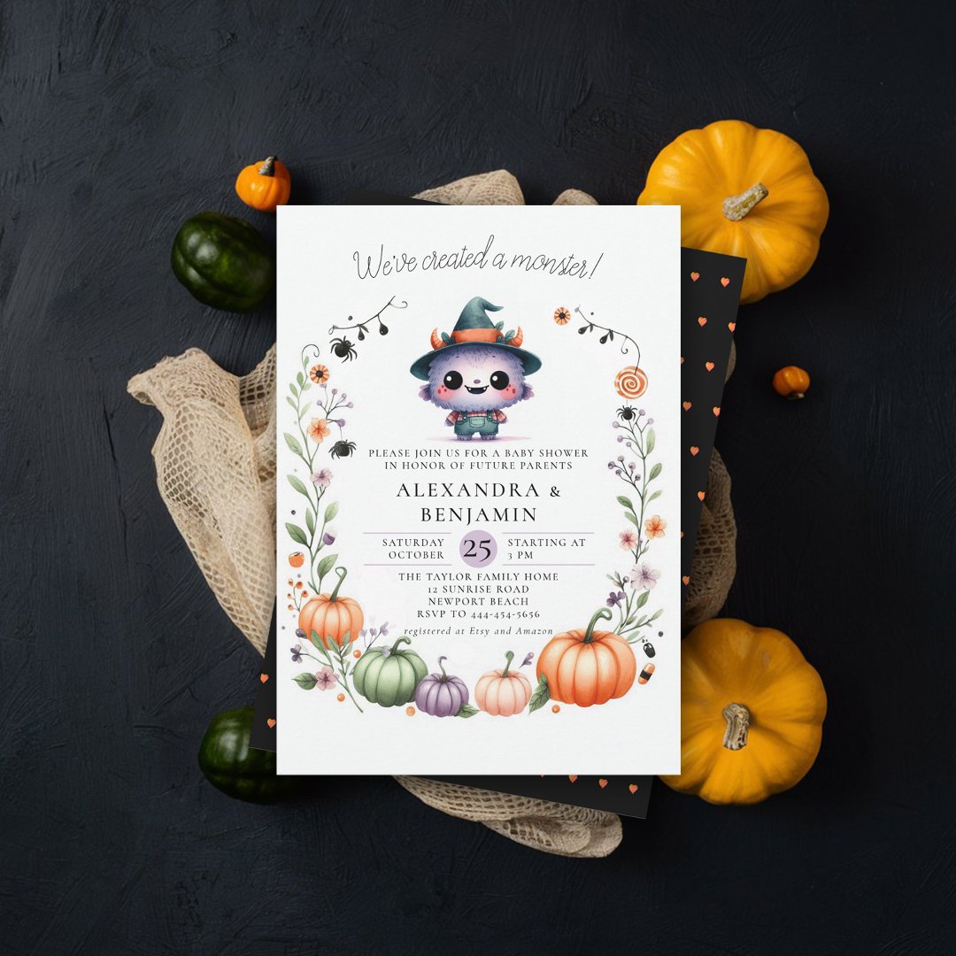 Monster Halloween Fall Wreath Coed Girl Shower                    Invitation