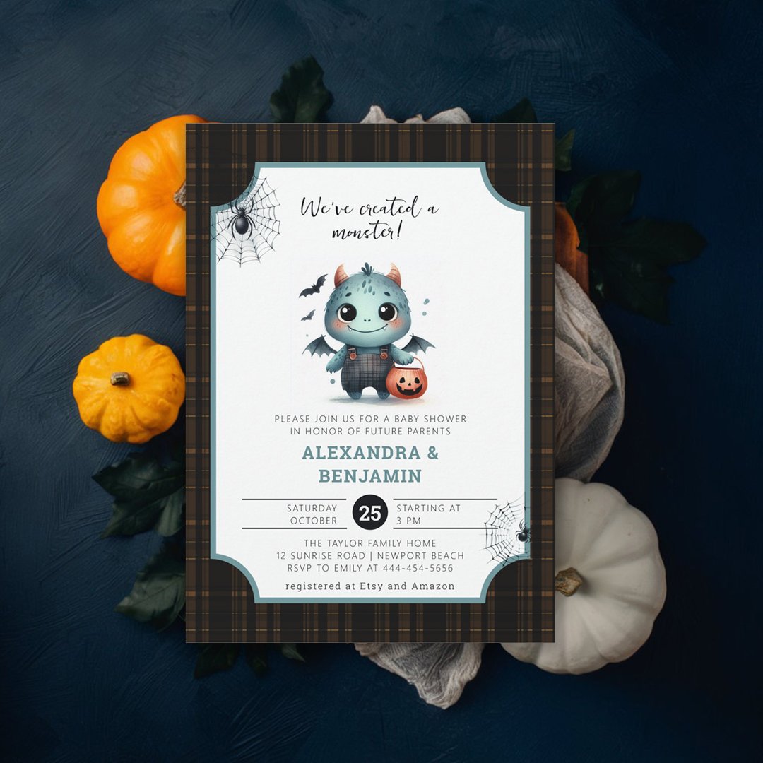 Monster Halloween Tartan Cute Coed Boy Baby                    Shower Invitation