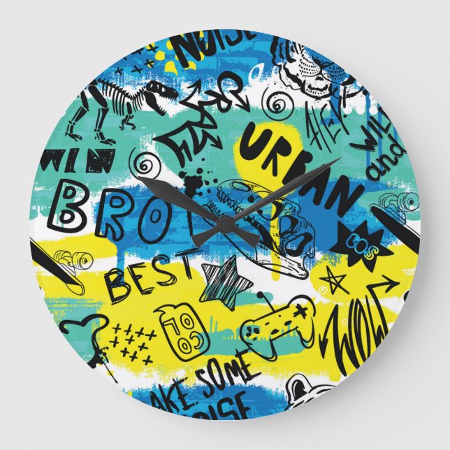 Monster Hand Drawn Kids Pattern Large Clock (Front)
