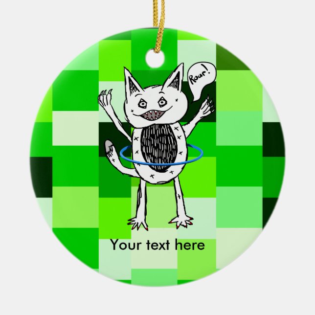 Monster having fun playing with a hoop ceramic ornament (Front)