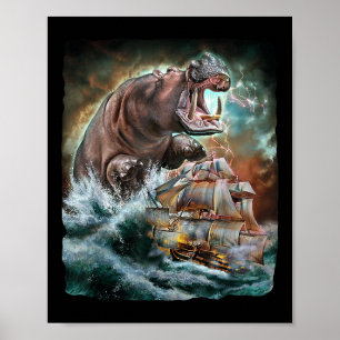 Monster Hippo As Kraken Attack A War Ship At High Poster