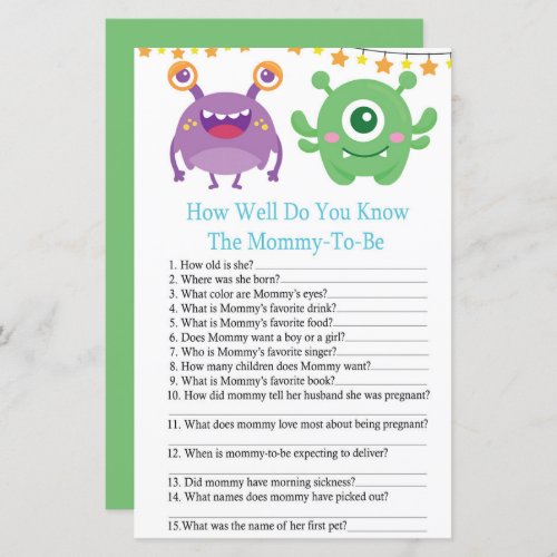 Monster HOW WELL DO YOU KNOW baby shower game