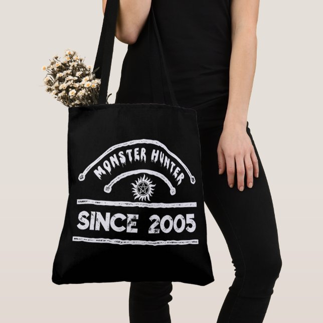 Monster Hunter Sigil Distressed Typography Tote Bag (Close Up)