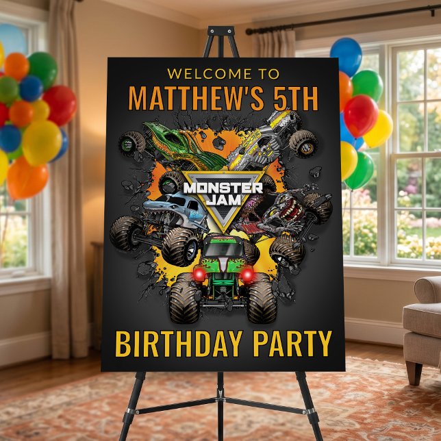 Monster Jam Trucks Birthday Welcome Foam Board (Sign simulated in living room)