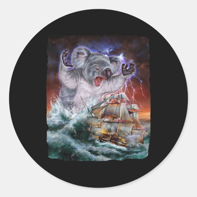 Monster Koala As Kraken Attack A War Ship At High  Classic Round Sticker (Front)