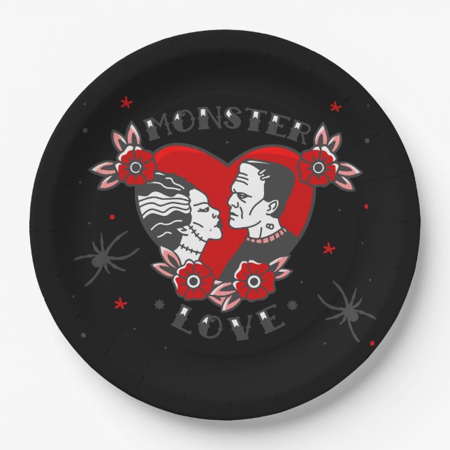 monster love rockabilly frankenstein valentine paper plates (Front)