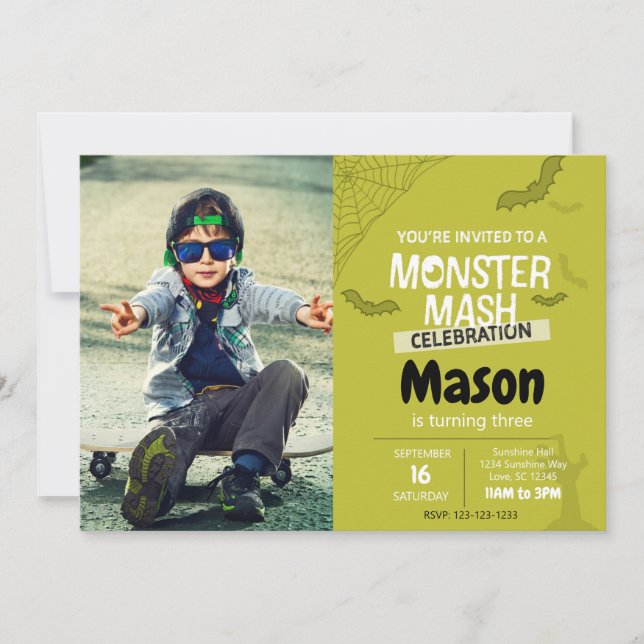 Monster Mash Birthday Invite with photo (green) (Front)