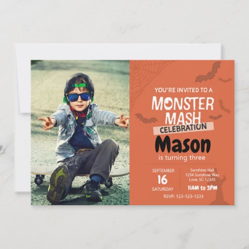 Monster Mash Birthday Invite with photo orange