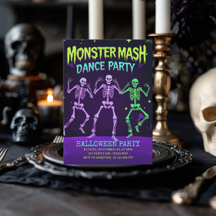 Monster Mash Dance Party Neon Skeleton Holiday Card