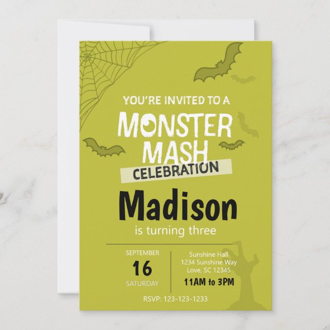 Monster Mash Halloween Birthday Invite (green) (Front)