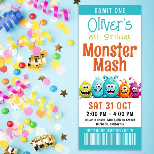 Monster Mash Kids Birthday Party Ticket Style Invitation